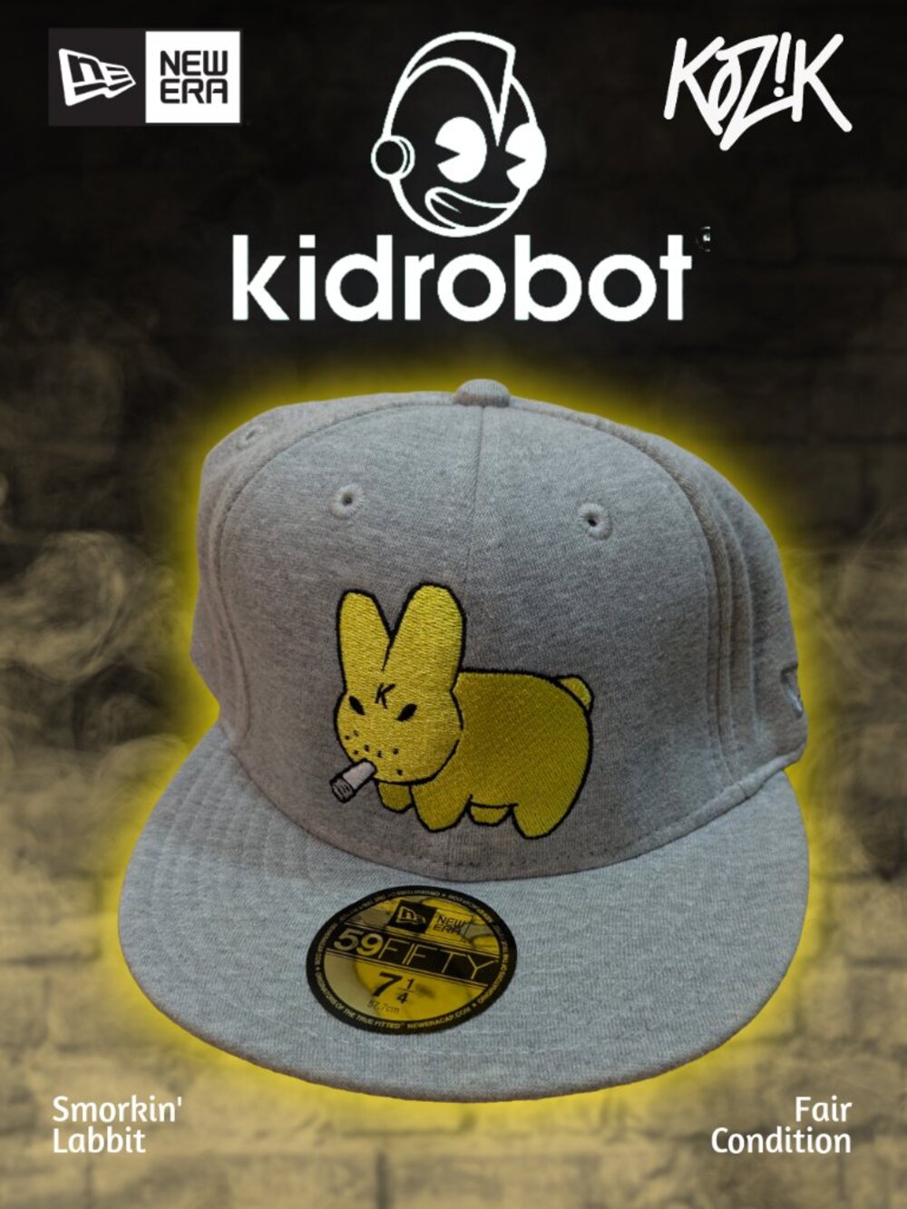 NEW ERA 59Fifty x kidrobot Yellow Smorkin’ Labbit Gray Fitted Hat SIZE 7 1/4